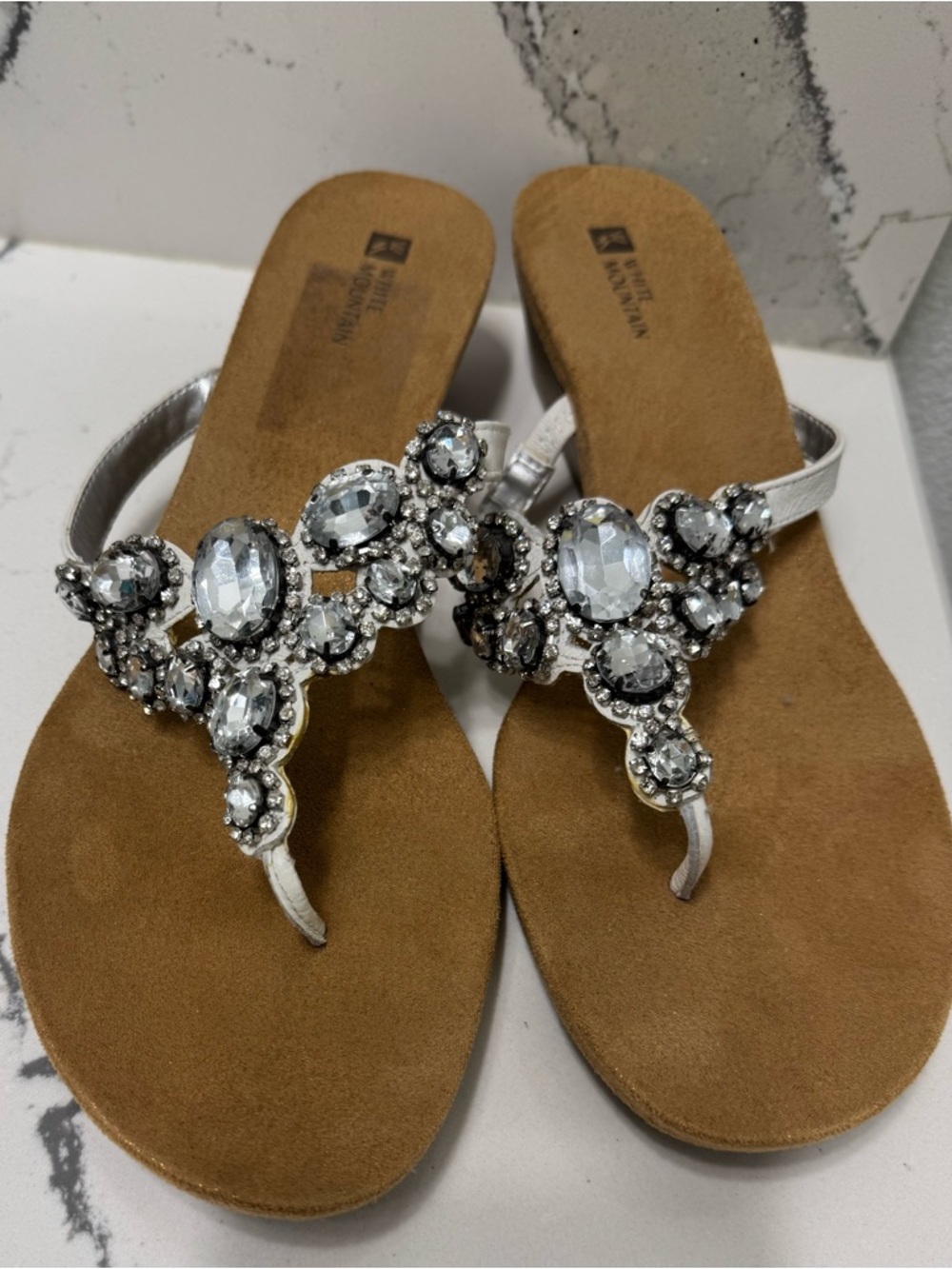 White Mountain Embellished Silver Gem T-Strap Sandals for Women